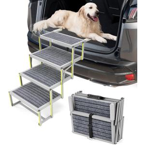 Veehoo Dog Stairs for Car, Aluminum Folding Dog Steps for Cars Truck and SUV, Portable Dog Car Ramp for Large Dogs with Non-Slip Surface, Supports Up to 200 Lb, 4 Steps