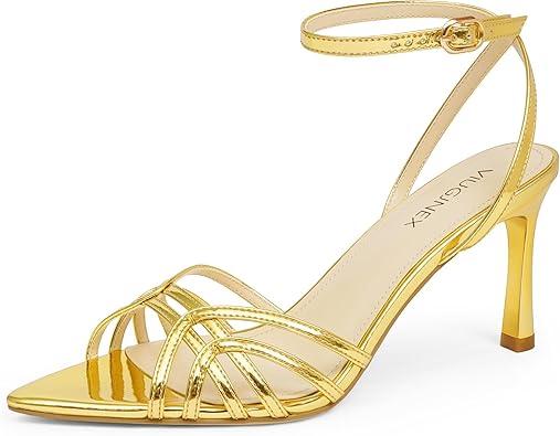 VIUGJNEX Women Gold Heels Strappy High Heels Stilettos Open Toe Ankle Strap Dress Comfortable Wedding Lace Up Heeled Sandals Size 7.5