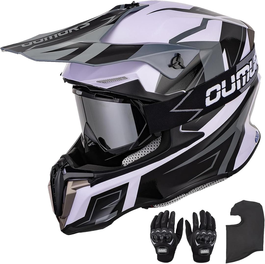 OUMURS Adult ATV Dirt Bike Helmet with Goggles Gloves & Mask Adjustable Sun Visor Motorcycle Adult Helmet Off-Road Motocross Downhill Moped MX for Unisex-Adult (Large, White & Gray)