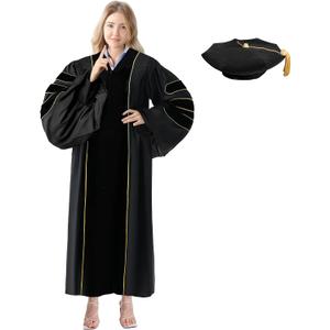 Happy Secret Unisex Deluxe Doctoral Graduation Gown and Doctoral Tam 8 Sided Package with Gold Piping Doctoral Regalia (Black), 48