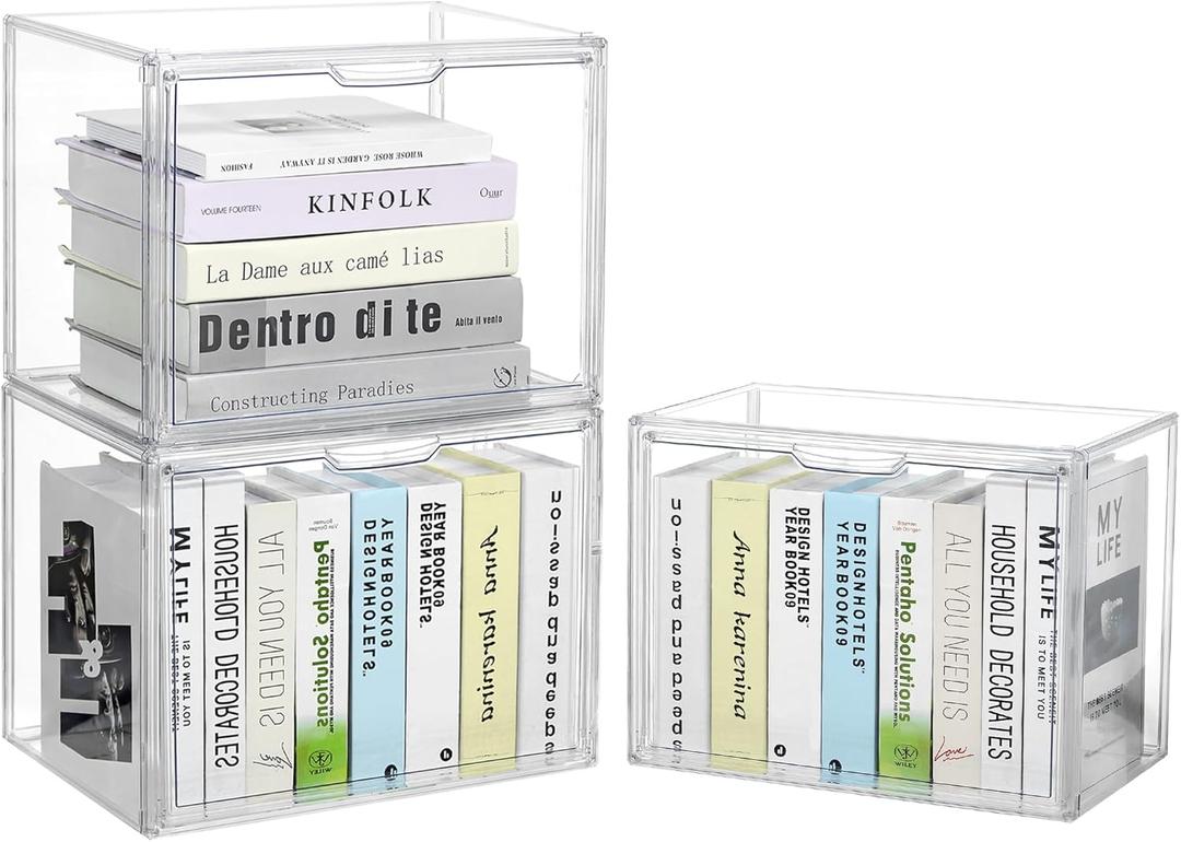 Cube Storage Organizer Acrylic Book Case Display Case Box Stackable Book Storage Containers With Magnetic Door Clear Plastic Portable Organizer For Living Room Bedroom 3 Pack