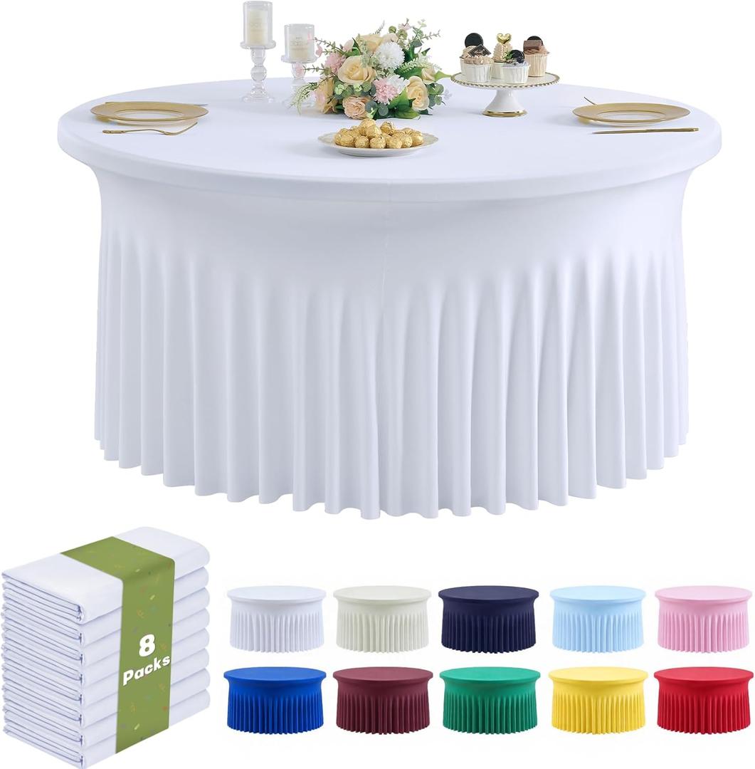 8 Pack Spandex 72in/6FT White Round Tablecloth, Stretchy 132inch Fitted 6FT Round Table Cloths, Wrinkle Free Table Cover with Skirt for Wedding Party Dining Banquet