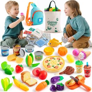 Pretend Play Food Sets for Kids Kitchen, 68PCS Grocery Store Play Food with Cutting Toy Food Fruits and Veggies, Real Calculator, Play Kitchen Accessories Pretend Food Toy for Toddlers Girls Boys Gift