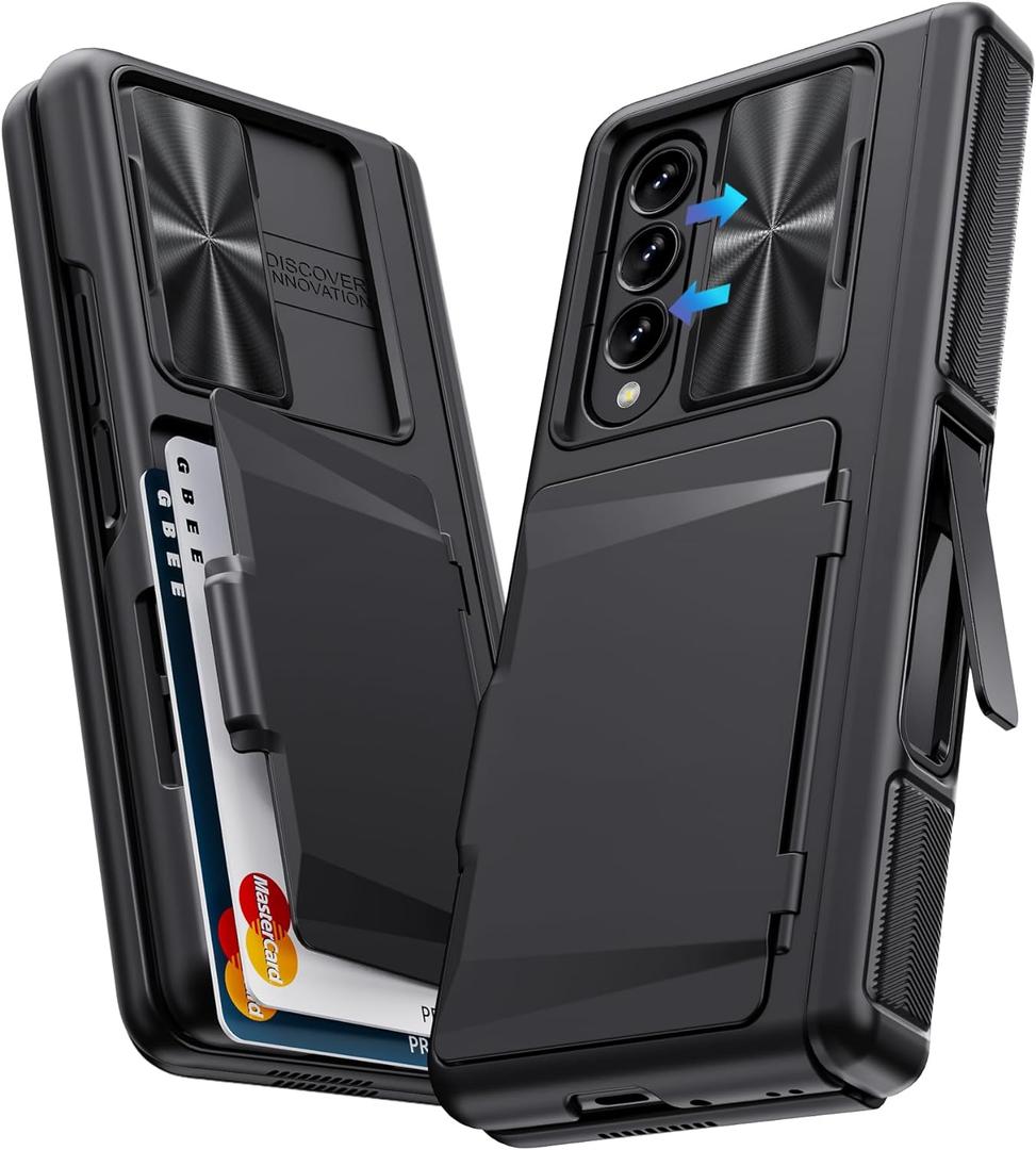 GBEE for Samsung Galaxy Z Fold 4 Case with Card Holder & Kickstand & Hinge Protection & Slide Camera Cover & Built-in Screen Protector, Rugged Phone Case for Galaxy Z Fold 4 2022 (Black)