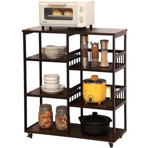 Bamboo Kitchen Bakers Rack,4-Tier+4-Tier Coffee Bar, Microwave Oven Stand, Large Capacity Utility Storage Shelf Cart on Wheels for Home Kitchen, Living Room and Entrance, Accent (Dark Brown) (4&4)