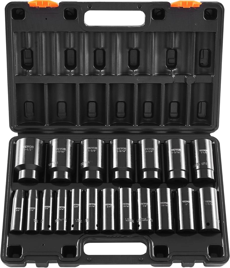 VEVOR Impact Socket Set 1/2 Inches 19 Piece, Deep Socket, 6-Point Sockets, Rugged Construction, Cr-V, 1/2 Inches Drive Socket Set Impact 3/8 inch - 1-1/2 inch, with a Storage Cage