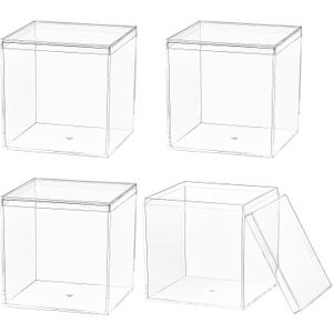 Dayaanee Clear Acrylic Box with lid, 4 Pack Plastic Square Cube Containers Storage Box 3.9x3.9x3.9 Inch/100X100X100mm for Candy Pill and Tiny Jewelry