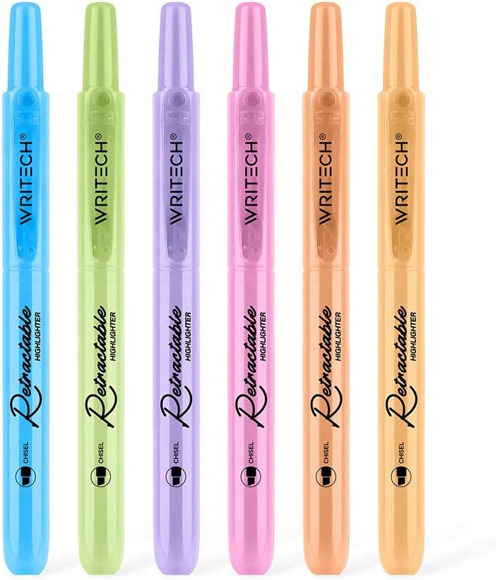 WRITECH Retractable Highlighters Assorted Colors: Chisel Tip Click Aesthetic Highlighter Marker Pens Pack Multi Colored Ink No Bleed Smear for Highlighting Journaling (6ct Pastel)