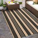 Black and Khaki Striped Outdoor Rug 4x6 ft, Washable Cotton Woven Patio Rug, Reversible Foldable Front Porch Decor Indoor Outdoor Rugs for Farmhouse/Living Room