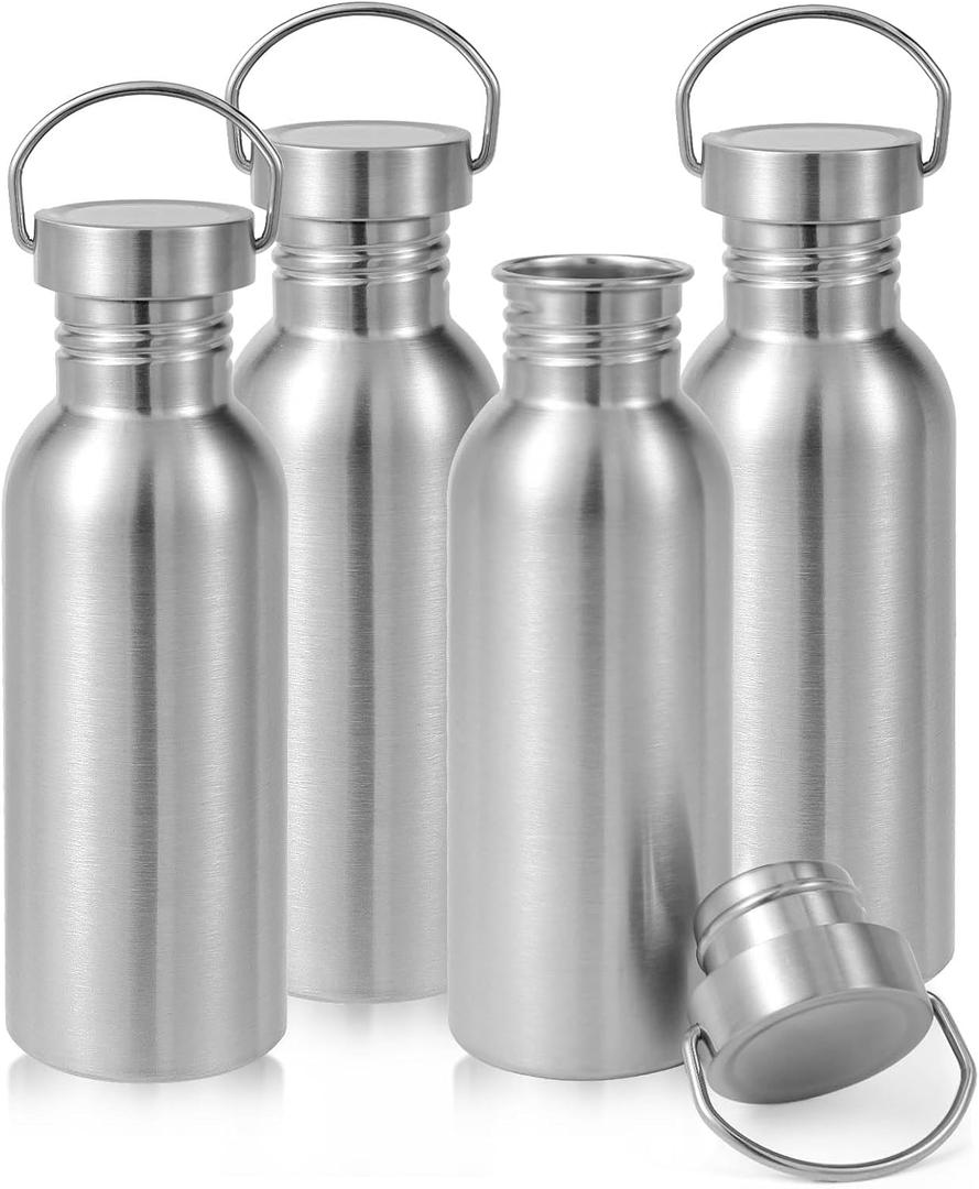 Volhoply 22oz Uninsulated Single Walled Water Bottle 4 Pack, Stainless Steel Reusable Water Bottles with Handle, BPA Free & Plastic Free 18/8 304 Metal Water Bottles for Camping, Hikers, Cyclists