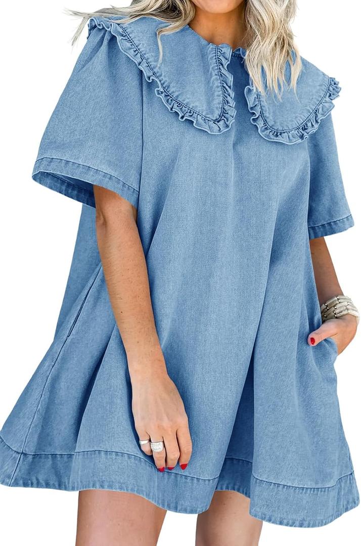 Wenrine Womens Summer Denim Mini Dress Oversized Peter Pan Collar Short Sleeve Casual Flowy Babydoll Jean Dresses (Medium, Blue)