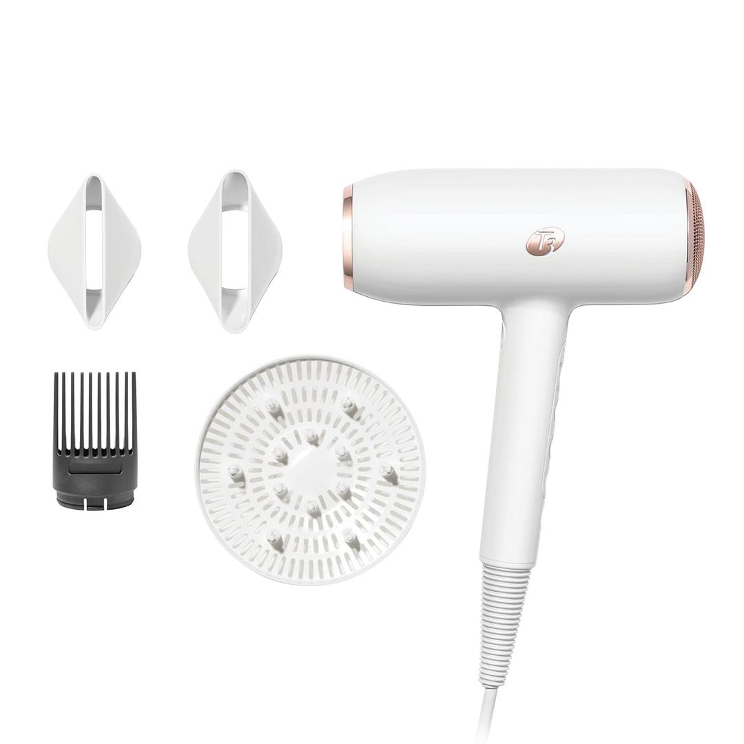 T3 Featherweight StyleMax Professional Ionic Hair Dryer with Custom Heat Automation & 4 Attachments,Fast Drying,Lightweight with 5 Heat & 3 Speed Settings,2 Concentrators,Diffuser & Smoothing Comb (1" Clip Iron, White)