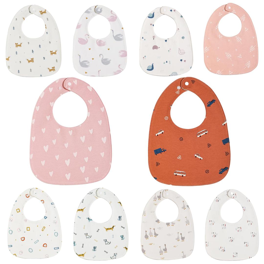 wefigs Baby Drool Bibs, 3-Layer Waterproof and Soft Cotton Bibs for Drooling and Teething, 8/10-Pack for Newborn to 24-Months (10-Pack Pink)
