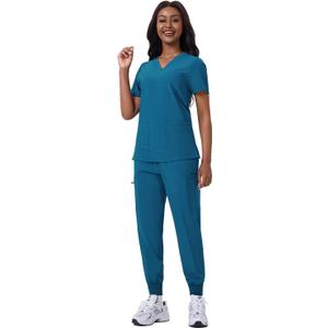 ANGEL GUARD Scrubs Set for Women, V-Neck Top and Jogger Pants, 13 Pockets, Thick Stretch Medical Workwear