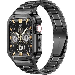 MioHHR Stainless Steel Watch Band with Case Compatible with Apple Watch Series 6/5/4/SE(44mm) Series 3/2/1(42mm),Rugged Strap with Metal Protective Bumper Cover for iWatch Band Men(Black)