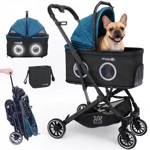 Pet Stroller for Small/Medium Dogs & Cats Up to 50 lbs, 3-in-1, Lightweight, Detachable Carrier, 360 Mesh Windows, Easy One-Click Fold, Reflective Trim, Storage Bag & Basket, Cup Holder, All-Terrain (Black Teal Turquoise)