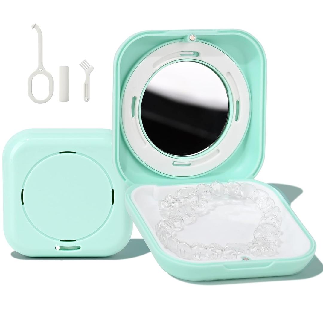 HEMILAB Retainer Case, Slim Aligner Case with Vent Holes, Compatible with Invisalign, Mouth Guard Case with Mirror, Cute Orthodontic Retainer Case with Retainer Removal Tool and Brush, MintGreen