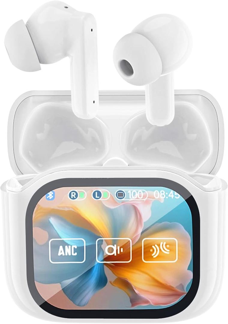 Wireless Touchscreen Earbuds with Smart Touch Screen Case - TWS True Wireless Bluetooth 5.4 Headphones - ANC Active Noise Cancelling - Blue Tooth Earphones for iPhone Android (White)