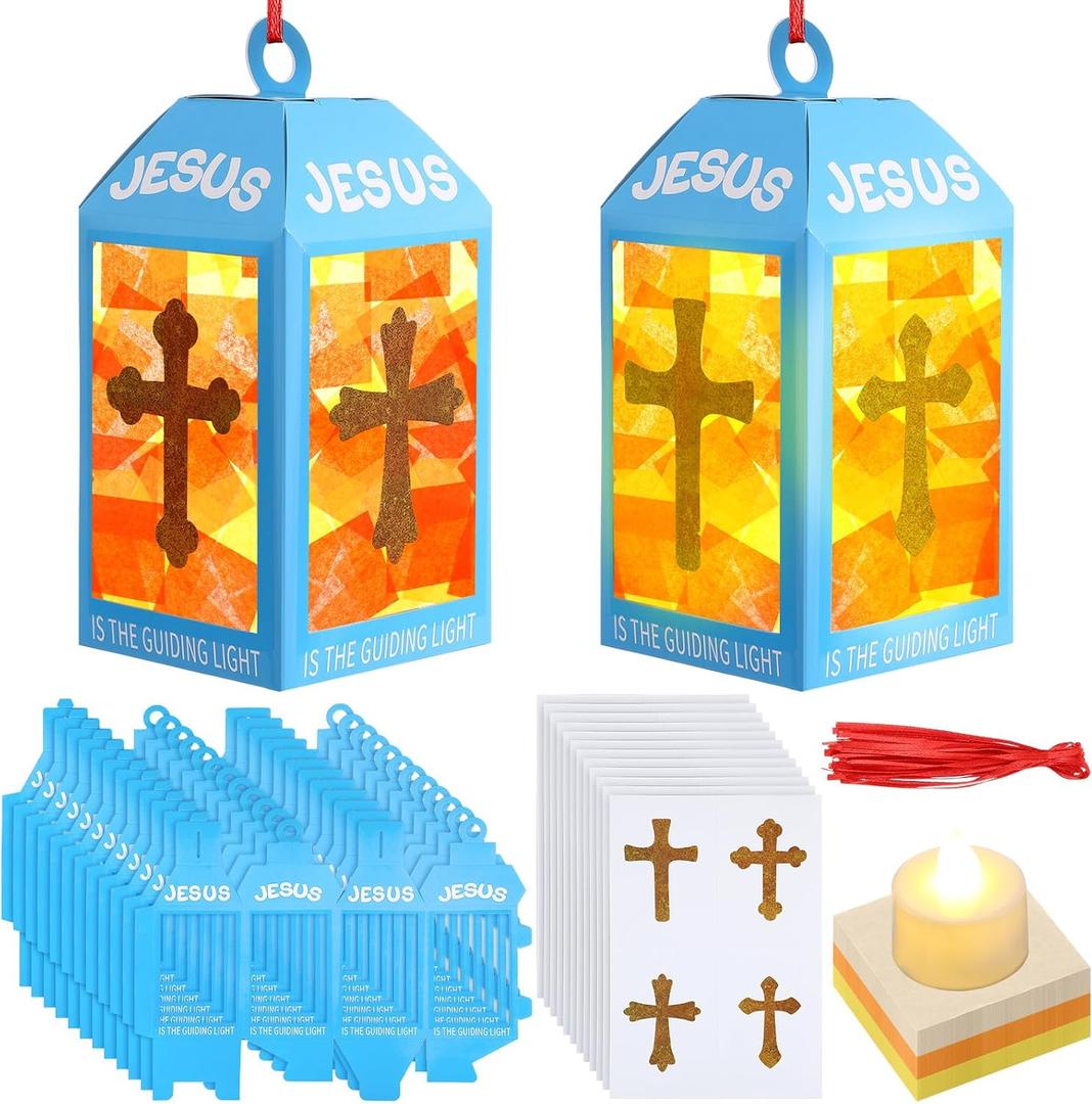 Simgoing 12 Religious Cross Lanterns Crafts with LED Candles Lights Jesus Lights The Way Sunday School Tissue Paper DIY Oil Lamp Cross Hanging Ornament Vsb Church Activity