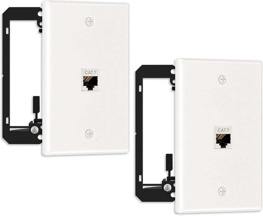 FGB 2 Pack Ethernet Wall Plate, 1 Port Keystone Wall Plate with Bracket and Cat7 Shielded RJ45 Keystone Coupler, Single Gang Ethernet Wall Plate with Mounting Bracket