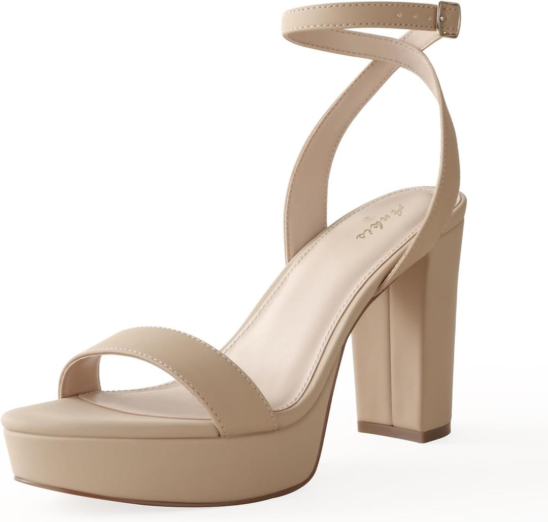 Ankis Platform Heels for Women 4 Inches Chunky Heels Sandals for Women Comfy Open Toe Block Heeled Sandals Nude White Silver Gold Black Ankle Strappy Heels (Beige)
