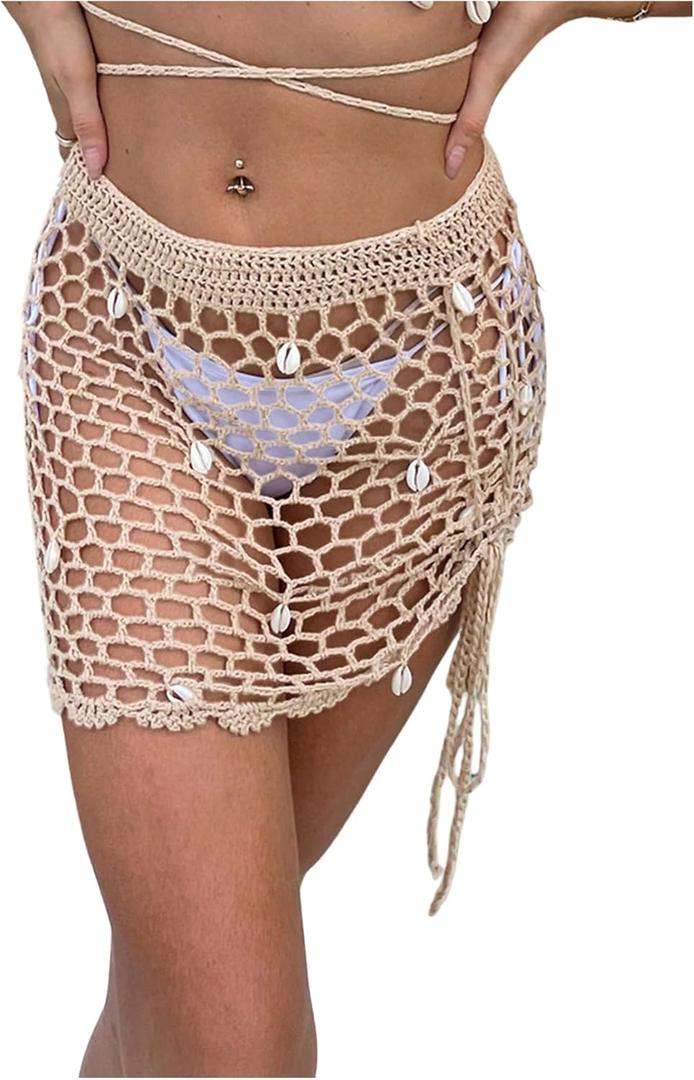 SHENHE Women's Sheer Crochet Hollow Out Shell Swimwear Swimsuit Cover Up Beach Skirt (Medium, Pricot)