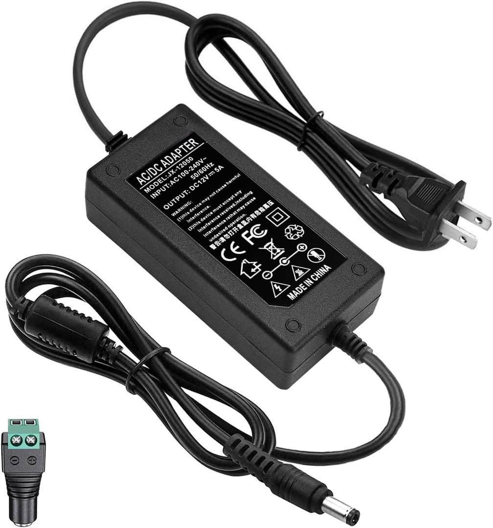 12V 5A Power Adapter 60W AC/DC Converter Suitable for LED Strips, Surveillance Cameras, and Computer Monitors. Features a 5.5x2.5mm Connector and a 2.1mm Plug.