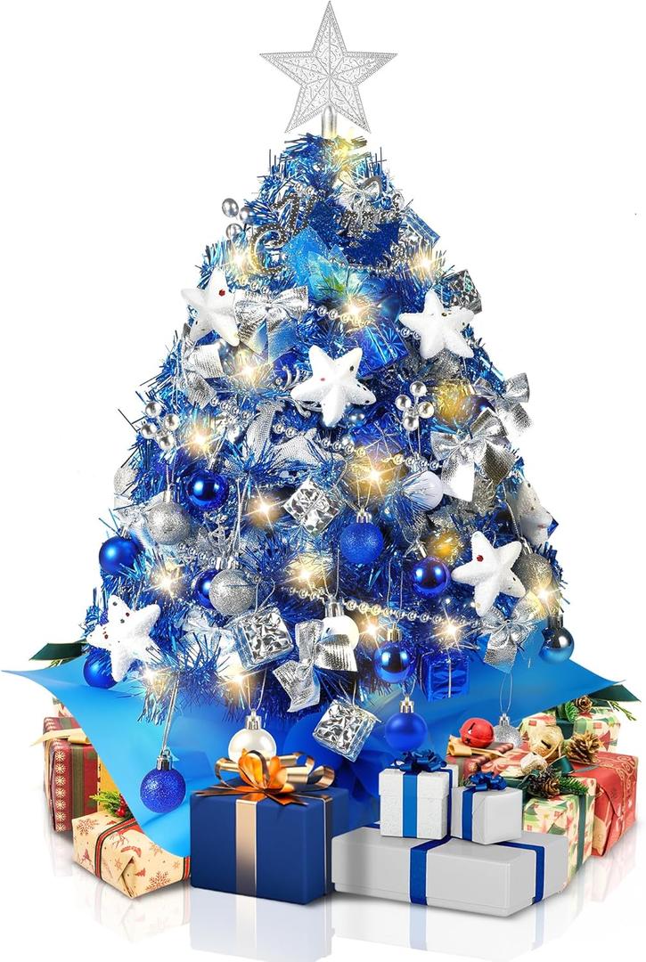 2FT Mini Christmas Tree, Blue Tabletop Christmas Tree, Prelit Small Christmas Trees with 60 LED Lights, 100 Lifelike Branches, 73 Ornaments, Artificial Xmas Tree for Home Indoor Decor