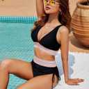 Blooming Jelly Women High Waisted Bikini Sets Tummy Control Swimsuits Color Block Two Piece Drawstring Bathing Suit (Black, L)