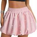 Women Bubble Mini Skirt High Waisted Puffy Balloon Short Skirts Sparkly Glitter Going Out Club Skirt L