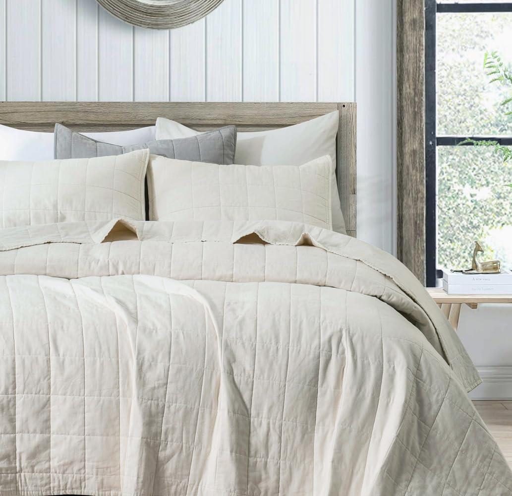 meadow park Stonewashed Linen Cotton Box Stitch Quilt and Matching Pillow Shams 3pcs Set, King Size, Beige Color.