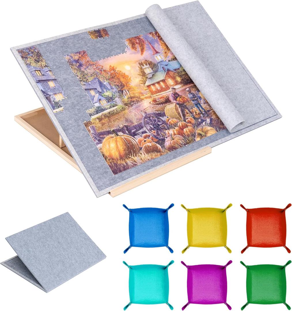 Tektalk Foldable Jigsaw Puzzle Board with 4 Angle Adjustable Bracket/Stand, Lightweight Portable Puzzle Mat Plateau with Wooden Easel, Foldaway Felt Puzzle Table, for Up to 1500 Pieces (Gray)