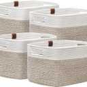 UBBCARE 4 Pack Baskets for Organizing, Woven Storage Baskets with Label for Toys and Towel, Rectangle Cotton Rope Basket with Handles, 14''L x9''W x8''H, White&Brown