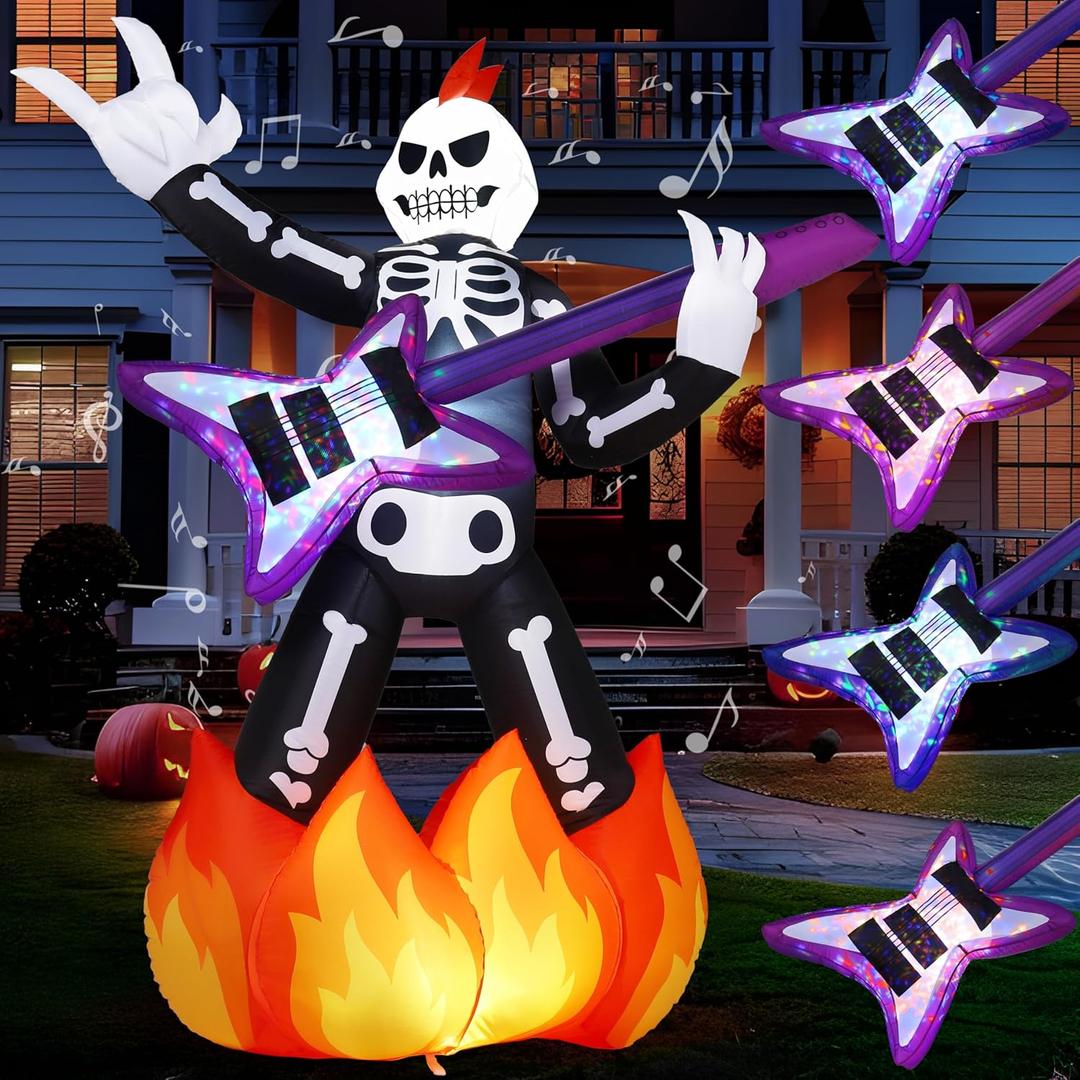 JOYIN 6ft Halloween Inflatable Skeleton Plays Guitar, Spooky Inflatable Skeleton with Music and Color LED Lights, Blow Up Yard Decoration for Halloween Outdoor Decoration, Garden Lawn Party Decor