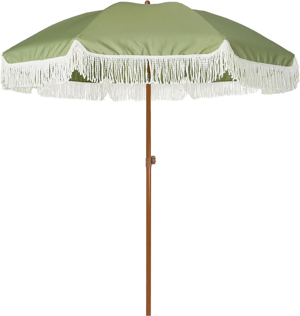AMMSUN 7ft Patio Umbrella with Fringe Outdoor Tassel Umbrella UPF50+ Premium Steel Pole and Ribs Push Button Tilt, Sage Green