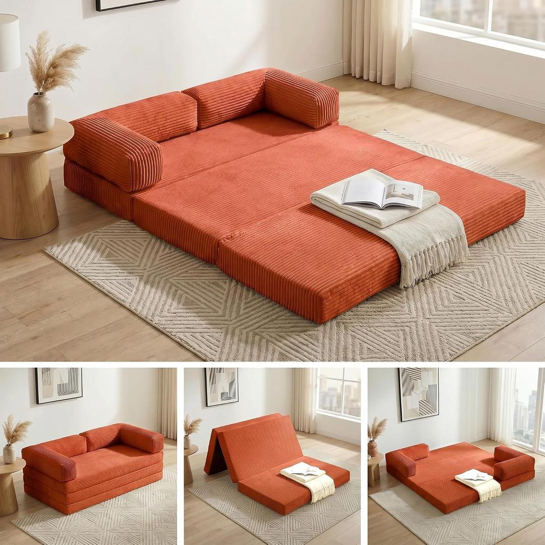 Convertible Sofa Bed Queen,5-in-1 Boneless Couch with Removable Armrests & Handle,Corduroy Futon Sleeper Sofa,Floor Folding Mattress Pull Out Bed for Small Space Apartment Living Room Bedroom,Orange, Queen-81.5"L x 60"W