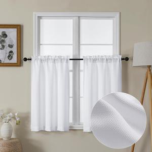Lecloud Bessie White Kitchen Curtains 36 Inch Length 2 Panels Set, Faux Linen Textured Tier Curtains Short, Light-filtering Small Cafe Curtain Window Treatments for Basement Bathroom, Each 30 W x 36 L