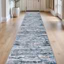 Lansny Modern Abstract Runner Rug 2.6x14, Grey Blue White Washable Long Kitchen Runner Non-Slip Soft Hallway Rug Runner Thin Print Faux Wool Carpet for Entryway Bedroom Laundry Room Indoor Home Decor