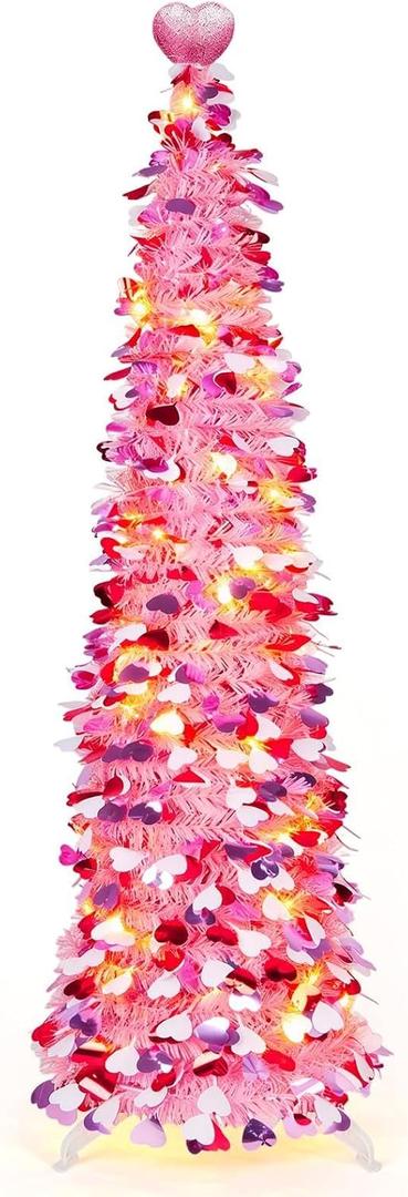 Valentines Tree 5 Ft Pop Up Pink Valentines Day Decorations 3 Color Sequin Tinsel Christmas Tree with Heart Ornaments for Indoor Valentine Decor Home Outdoor Office