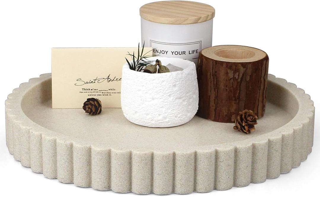 Decorative Coffee Table Tray, 11" Round Resin Coffee Table Centerpiece Tray for Home Decor, Modern Organizer for Living Room, Console or Dresser, Beige
