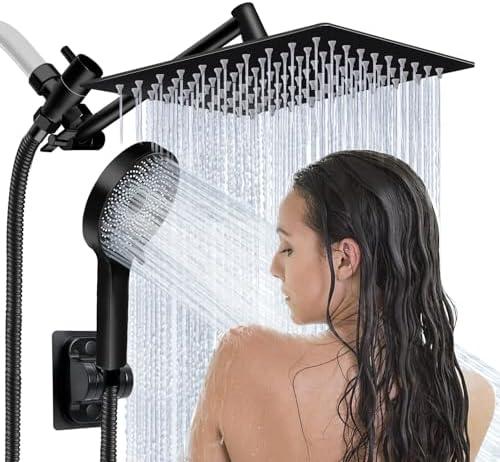 Shower Head,8”Rain Shower Head with Handheld Spray Combo and Adjustable Extension Arm/3-Way Flow Regulator/Shower System,High Pressure Rain Fall Hose,Matt Black