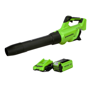 Greenworks 40V (120 MPH / 500 CFM) Leaf Blower, for damp autumn leaves, spring pollen, summer grass clippings, and winter debris across driveways, patios, Includes 2.5Ah Battery and Charger