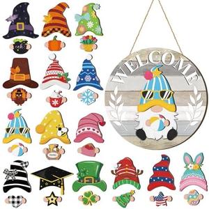 Qunclay Interchangeable Wooden Gnome Decor Holiday Seasonal Gnome Decorations with Magnet Pieces and Detachable Hats Changeable Welcome Sign for Home(Yellow and Grey)
