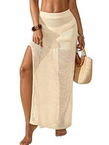 BreathSunny Womens Crochet Knit Elastic Waist Swimsuit Coverup Summer 2026 Trendy Outfits Hollow Out Sheer Side Slit Mesh Swimwear Coverups Beach Swim Bathing Suit Cover Up Maxi Skirt Apricot L