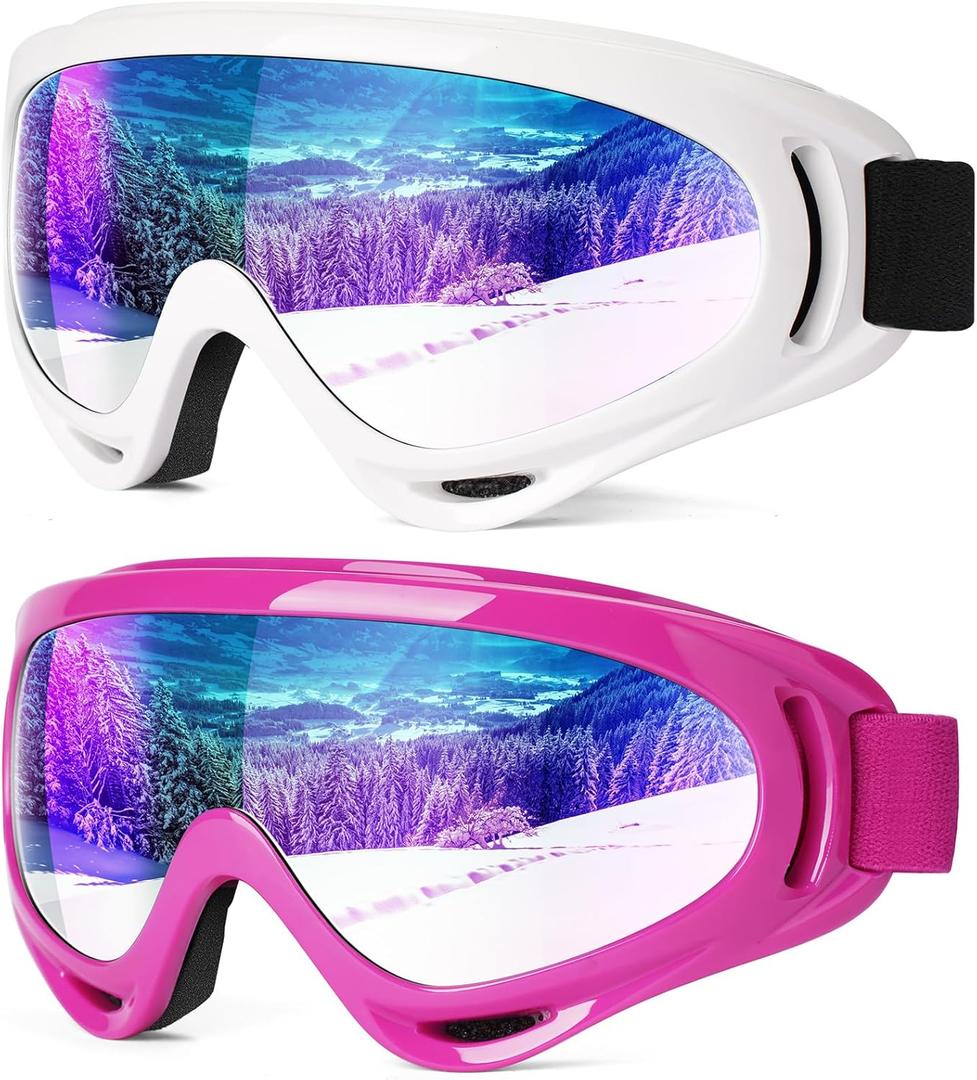 Braylin 2-Pack Snow Ski Goggles, Snowboard Goggles for Men, Women, Youth, Kids, Boys or Girls, Snowmobile Goggles (Pink + White)