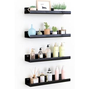 Upsimples Acrylic Shelves for Wall Decor, 15" Display Shelf Perfume Organizer for Bathroom, Bedroom, Living Room, Floating Bookshelves for Kids, Black, 4 Pack