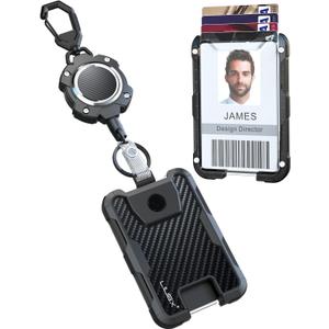 LIUGX Retractable Badge Holders,Carbon Fiber Badge Holder,Heavy Duty Carabiner Keychain, Durable ID Card Holder (Holds 6 Cards), with 31.5 Badge Reel Key Chain, 10,000+ Rebound,Silver-Black