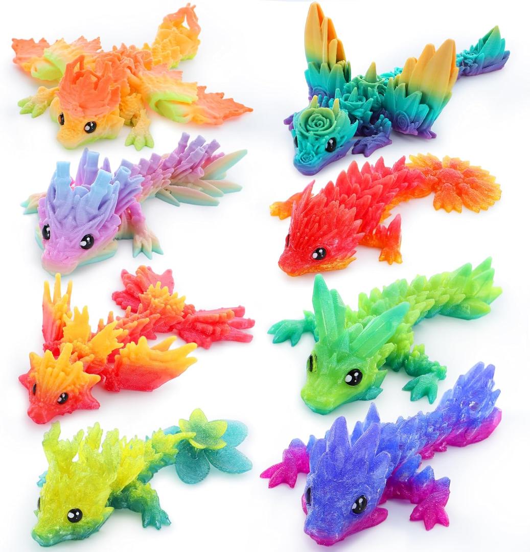 JOYIN 8 Pcs 3D Printed Dragon, 4.4" Colorful 3D Printed Flexible Articulated Dragon Fidget Toys for Office Desk Decor, Autism Stress Relief Fidget Toys for Kids & Adults Gift, Small
