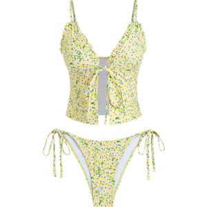 ZAFUL Tankini Swimsuits for Women Smocked Ruffles Tie Front Bowknot Textured High Cut Tanga Tankini Set (Yellow, L)