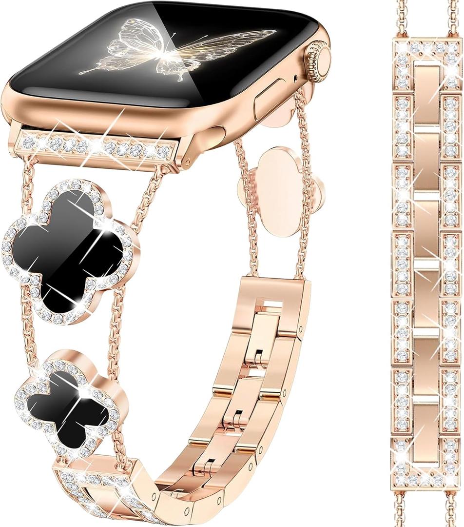 Rose Gold Bling Diamond Clover Bands Women Compatible with Apple Watch  Lucky Cute Sparkle Dressy Bracelet Metal Strap for iWatch Series Ultra/SE/10/9/8/7/6/5/4/3/2/1, Size: 46/45/44/49/42mm(Series 1/2/3)